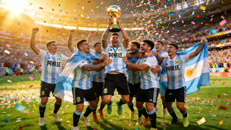 阿根廷队庆祝世界杯夺冠的盛大场面 - 球员们举起奖杯欢呼